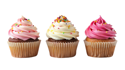 Cupcakes with frosting, vanilla and strawberry, and sprinkles, on transparent background