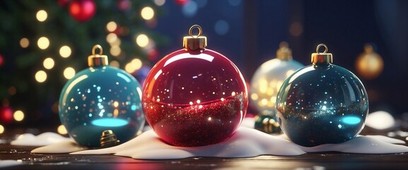 Golden Winter Tale: golden Christmas balls in the dark, glowing aura, snowy gleam