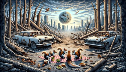 Post-apocalyptic picnic with squirrels and abandoned cars