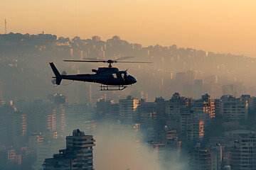 Naklejka premium a photo of a helicopter veering as it climbs, flying low above Beirut