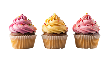Cupcakes with frosting, vanilla and strawberry, and sprinkles, on transparent background