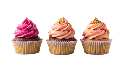Cupcakes with frosting, vanilla and strawberry, and sprinkles, on transparent background