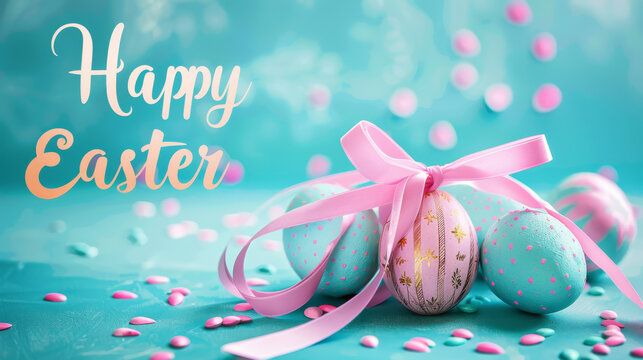 Vibrant Easter celebration image with decorated eggs tied with a pink ribbon, surrounded by scattered confetti