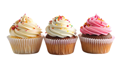 Cupcakes with frosting, vanilla and strawberry, and sprinkles, on transparent background