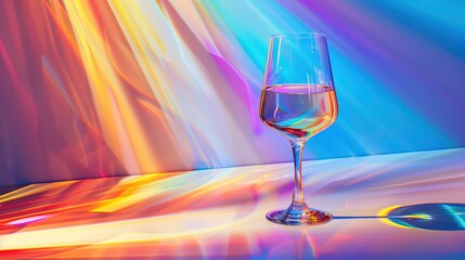 Na stole znajduje się szklany kieliszek, w którym znajduje się wino. Po tle widać tęczowe holograficzne odbicie. - obrazy, fototapety, plakaty