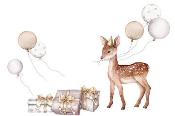 Watercolor gift boxes with gold bows and deer and balloon for birthday pastel golden and beige color. Hand drawing illustration on isolated background. For design holidays pastel colors.
