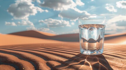 Szklanka wody stojąca na szczycie pustyni, z rzeczywistym cieniem rzucanym na wydmy. - obrazy, fototapety, plakaty