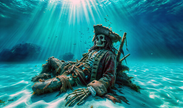 Skeleton bones of a dead pirate captain resting at the bottom of the sea with sunrays filtering through the ocean	