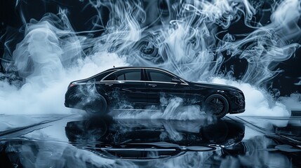 Czarny samochód emitujący dym, który wydobywa się z jego silnika lub rury wydechowej. - obrazy, fototapety, plakaty