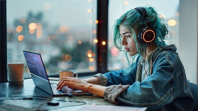 Gen Z Programmierer: Kreativer Softwareentwickler mit blauen Haaren am Notebook