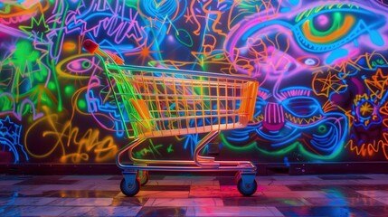 Wózek sklepowy przed kolorowym muralem z fluorescencyjnym graffiti, oświetlony neonowymi światłami.  - obrazy, fototapety, plakaty