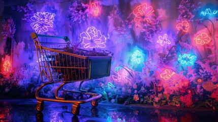Koszyk na zakupy przed kolorowym murem z fluorescencyjnymi kwiatami - obrazy, fototapety, plakaty