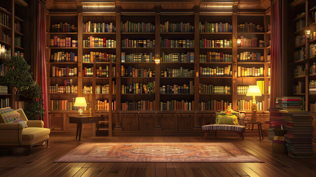 Library Retreat Stage. towering bookshelves, cozy reading nooks, and soft lighting to create a serene atmosphere for presentations and performances
