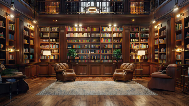 Library Retreat Stage. towering bookshelves, cozy reading nooks, and soft lighting to create a serene atmosphere for presentations and performances