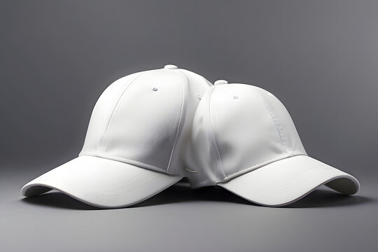 White, black baseball caps mockup on a grey background, front and back side design