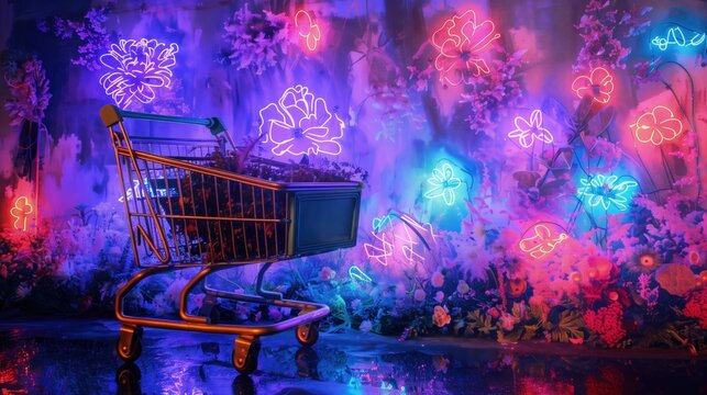Koszyk na zakupy przed kolorowym murem z fluorescencyjnymi kwiatami