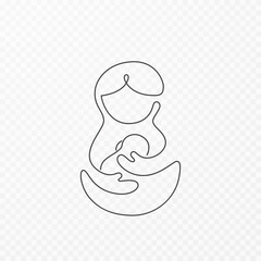 Mother and baby continuous one line contour. Mom hugs child. Motherhood and newborn silhouette concept. Vector woman holds kid. Happy Mother`s Day card.