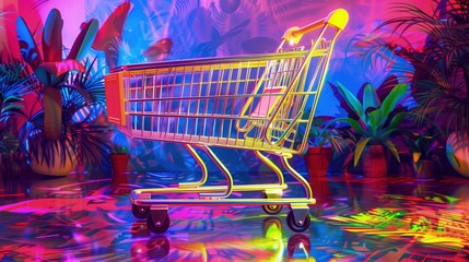 Koszyk zakupowy stoi przed kolorowym tłem, oświetlony neonowymi światłami, tworząc interesujący kontrast i scenę handlową. - obrazy, fototapety, plakaty