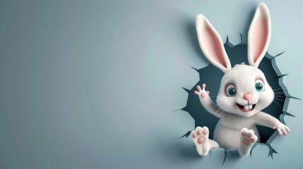 A cheerful white rabbit with pink ears breaks through a grey barrier, displaying an excited expression