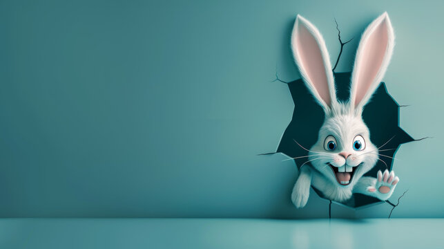 A startled white rabbit with wide eyes bursts out of a hexagonal black opening, looking animated