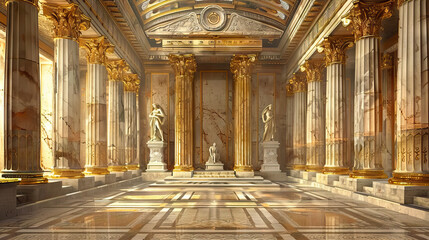 Grecian Temple Stage: Ancient Greece with this majestic stage, adorned with marble columns, ornate friezes, and statues of gods and goddesses, evoking the grandeur of a classical temple - obrazy, fototapety, plakaty