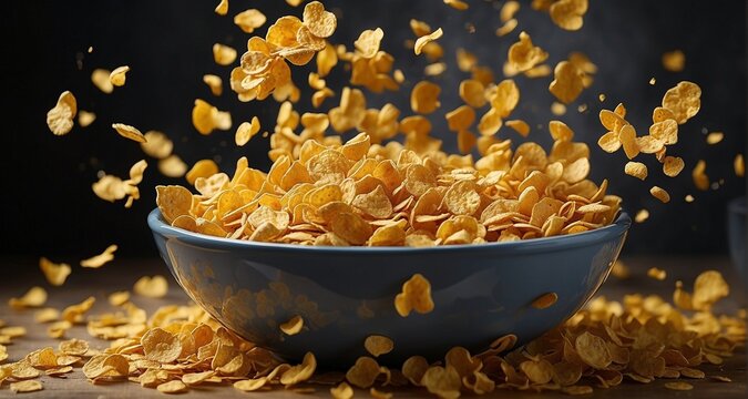 Compose an image of a bowl overflowing with cornflakes, capturing the chaotic moment as flakes spill over the edges, suspended in mid-air. Pay attention to the realism of the flakes-AI Generative