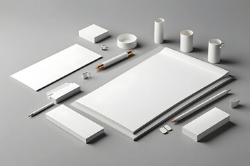 White stationery mock-up template for branding identity on a grey background for graphic designers' presentations and portfolios. 3D rendering - obrazy, fototapety, plakaty