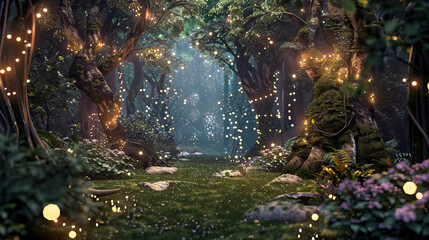 Enchanted Forest Stage: Mystical woodland with this stage, adorned with towering trees, moss-covered rocks, and sparkling fairy lights. Magical creatures and ethereal foliage storytelling and performa