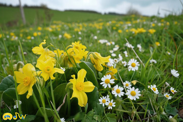 Fototapeta premium A field of yellow flowers and white flowers
