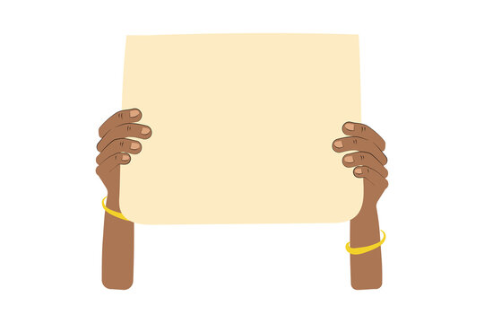 Ilustracion de manos sosteniendo un cartel en blanco. Transparencia.