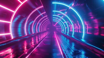 W długim tunelu widoczne są intensywne światła neonowe, które oświetlają przestrzeń. - obrazy, fototapety, plakaty