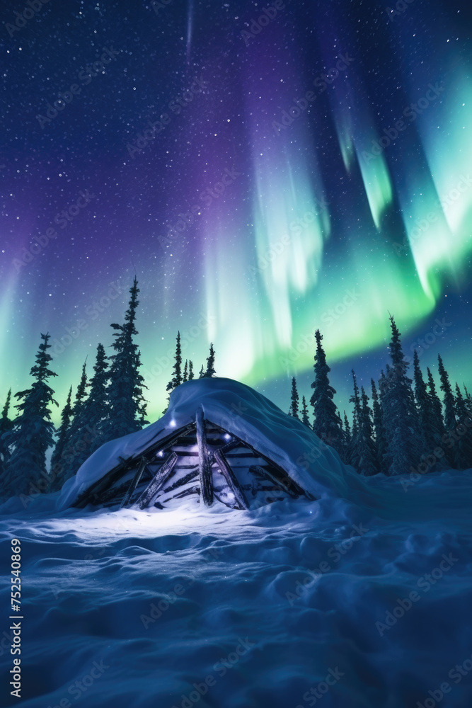 Aufkleber a small cabin is surrounded by trees and snow. the sky is filled with auroras, creating a serene and