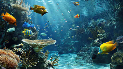 Fototapeta na wymiar A colorful fish tank with a variety of fish swimming around. The fish are of different sizes and colors, creating a vibrant and lively scene. The tank is filled with water and plants