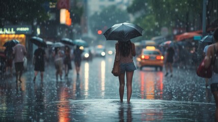 lonely man under an umbrella in the rain in a big city, the atmosphere of rain and sadness with hopes