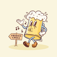 Beer Cartoon Groovy Mascot Retro Illustration. Vintage Alcohol Drink Glass Whistling a Funny Melody, Walking Past the Friday Chill Wooden Arrow Sign. Rubber Hose Style Isolated