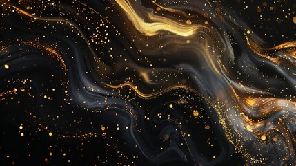 Na czarnym tle widać złote i białe wiry, tworzące abstrakcyjne dzieło sztuki płynnej.