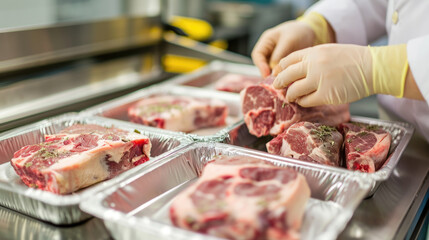 A butcher is preparing meat in a commercial kitchen. The meat is in trays and the butcher is wearing gloves