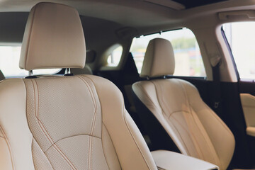 Car inside driver place. Interior of prestige modern car. Front seats with steering wheel...
