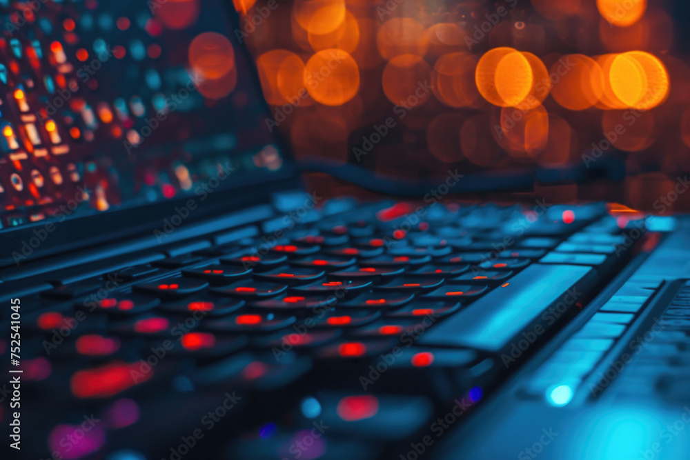 Poster a laptop with a red keyboard and a blue screen. the image has a mood of excitement and energy, as th