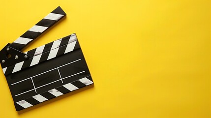 Na jasnożółtym tle znajduje się stary klaps filmowy w klasycznym czarno-białym designie, symbolizujący rozpoczęcie lub zakończenie nagrywania na planie filmowym.