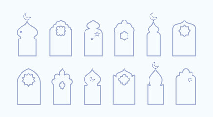 Islamic window frame shapes with boho star and moon elements illustrations collection. Arabian architecture geometric arch door silhouettes set. Ramadan Kareem mosque gates icons. Isolated