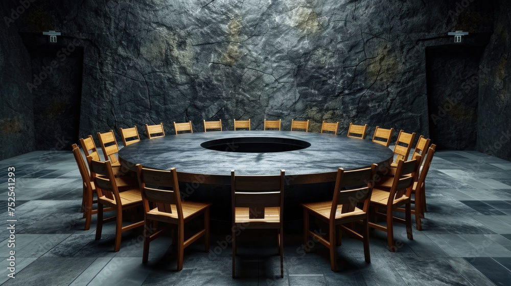 Poster a large round table with wooden chairs around it. the chairs are arranged in a circle, and the table