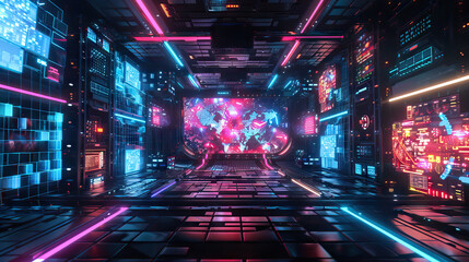 Cybernetic Arena Stage: Future of entertainment with this high-tech stage, featuring holographic displays, interactive games, and virtual competitions, immersing guests in the excitement of a cybernet