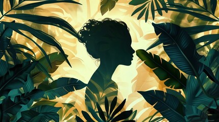 Na ilustracji widać postać kobiety w otoczeniu tropikalnych liści, tworzącą ciekawe połączenie natury i ludzkiej sylwetki.