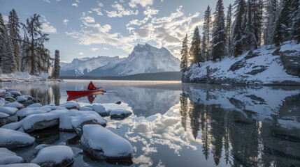 A man in a red kayak is paddling on a lake surrounded by snow-covered trees. The scene is peaceful and serene, with the man enjoying the beauty of nature