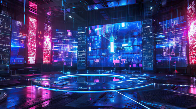 Cybernetic Arena Stage: Future of entertainment with this high-tech stage, featuring holographic displays, interactive games, and virtual competitions, immersing guests in the excitement of a cybernet