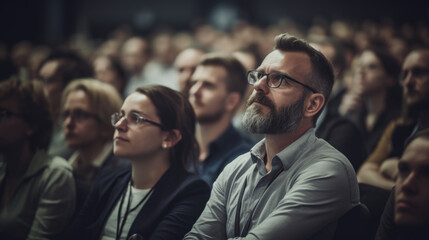 A man with glasses is sitting in a crowd of people. The man is wearing a gray shirt and a black jacket. The crowd is watching something on a screen - obrazy, fototapety, plakaty