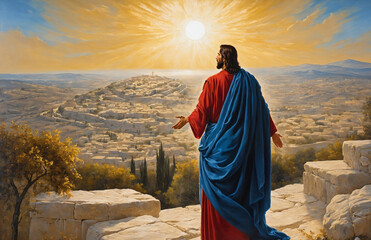 Ölgemälde von Jesus am Ölberg, Gold, Schwarz, Blau, Rot und Grautöne. - obrazy, fototapety, plakaty