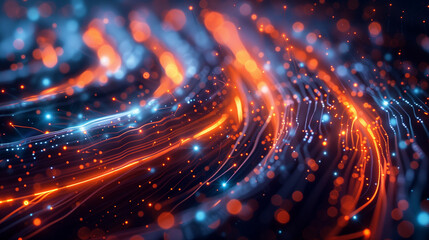 Swirling fiber-optic cables with glowing light points. - obrazy, fototapety, plakaty