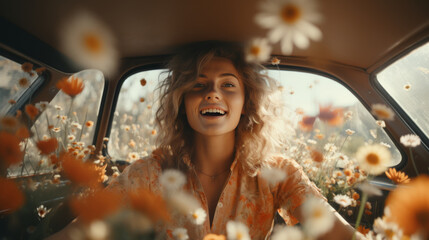 Cheerful, happy, and surprised girl with curly hair in a car filled with fresh flowers, in daylight, with warm, soft, and vibrant colors.